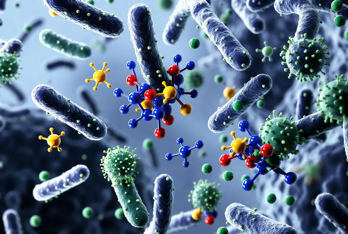 Illustration of gut microbiome bacteria interacting with pharmaceutical drug molecules